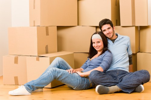 Business removals setup with boxes and office furniture in Harringay