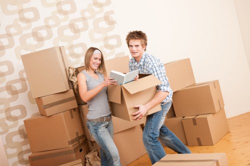 Office furniture and equipment being prepared for removals in Harringay