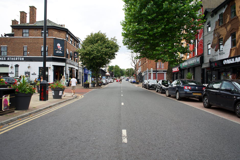 The image depicts a quiet urban street scene during daytime within a commercial area, with a clear view of the road stretching into the distance. On the left side, there is a two-story building housing a pub or restaurant with a dark blue exterior and large windows, while the sidewalk in front is decorated with large black planters filled with colorful flowers. Several pedestrians are walking along the pavement, some near the building and others further down the street. On the right side, there are parked cars, including a dark blue hatchback and a black vehicle, lining the curb alongside a row of multi-story shops and businesses. These establishments have signage and window displays, with one featuring a pharmacy sign and another with a mural-style exterior design. The scene includes a large leafy green tree partially shading the sidewalk on the right, and the street is paved with grey asphalt with a dashed white line marking the centre. The lighting appears natural and evenly distributed, indicating a partly cloudy day. This scene illustrates a typical urban environment where house removals and furniture transport activities, such as loading or unloading, could take place as part of a home relocation process, with [COMPANY_NAME] providing expert removals services in Harringay.